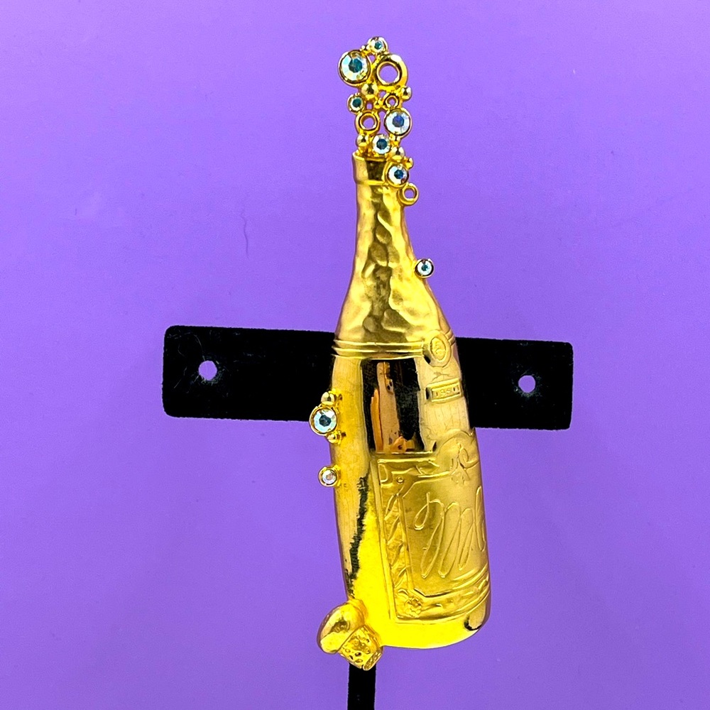 Vintage JJ Signed Gold Champagne Bottle Brooch With Swarovski Crystal Bubbles